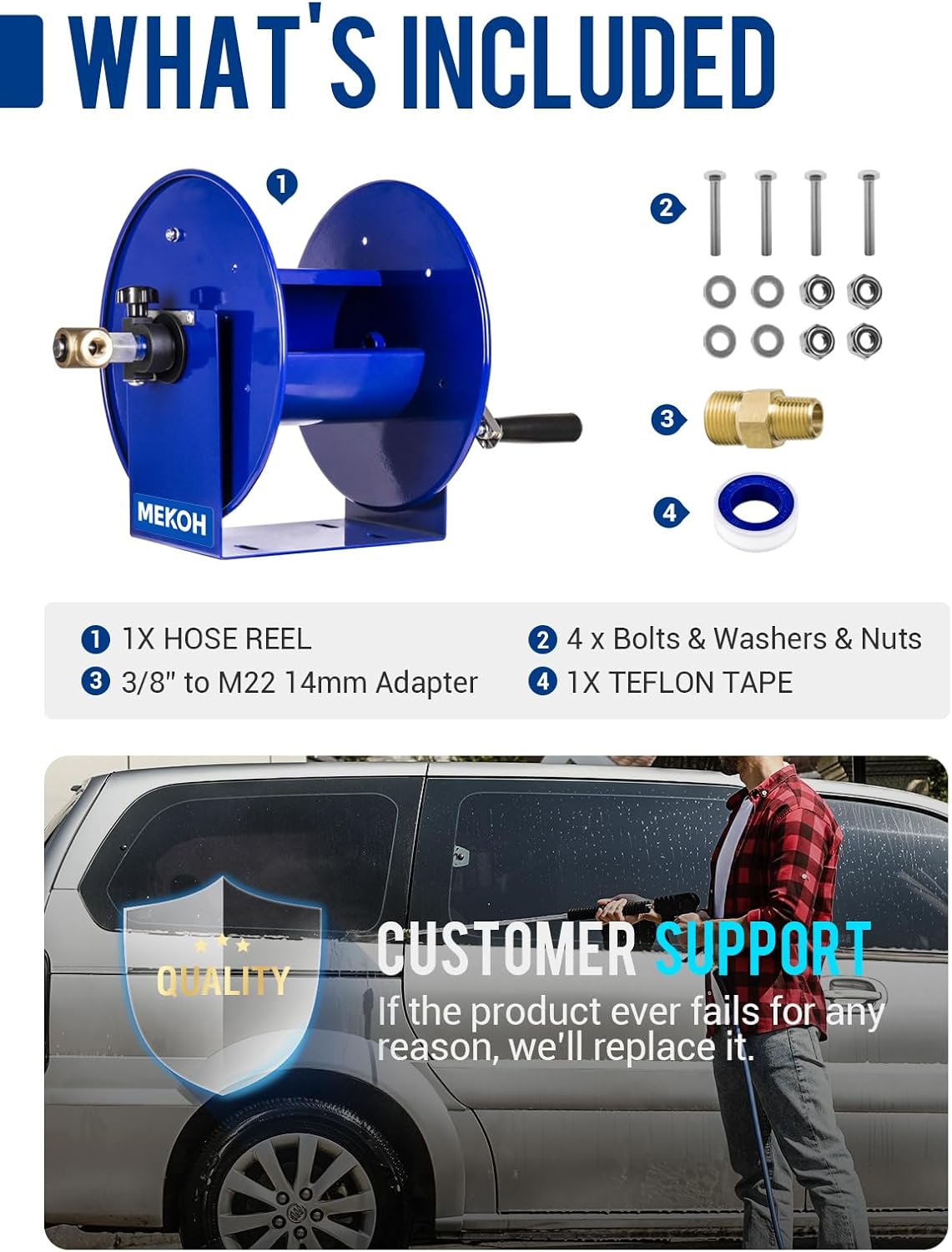 MEKOH Pressure Washer Hose Reel 150FTx3-8, 300FTx1-4 Manual Power Washer Hose Reel with M22 14mm Fitting,4500PSI Heavy Duty Hose Reel for Water - 9
