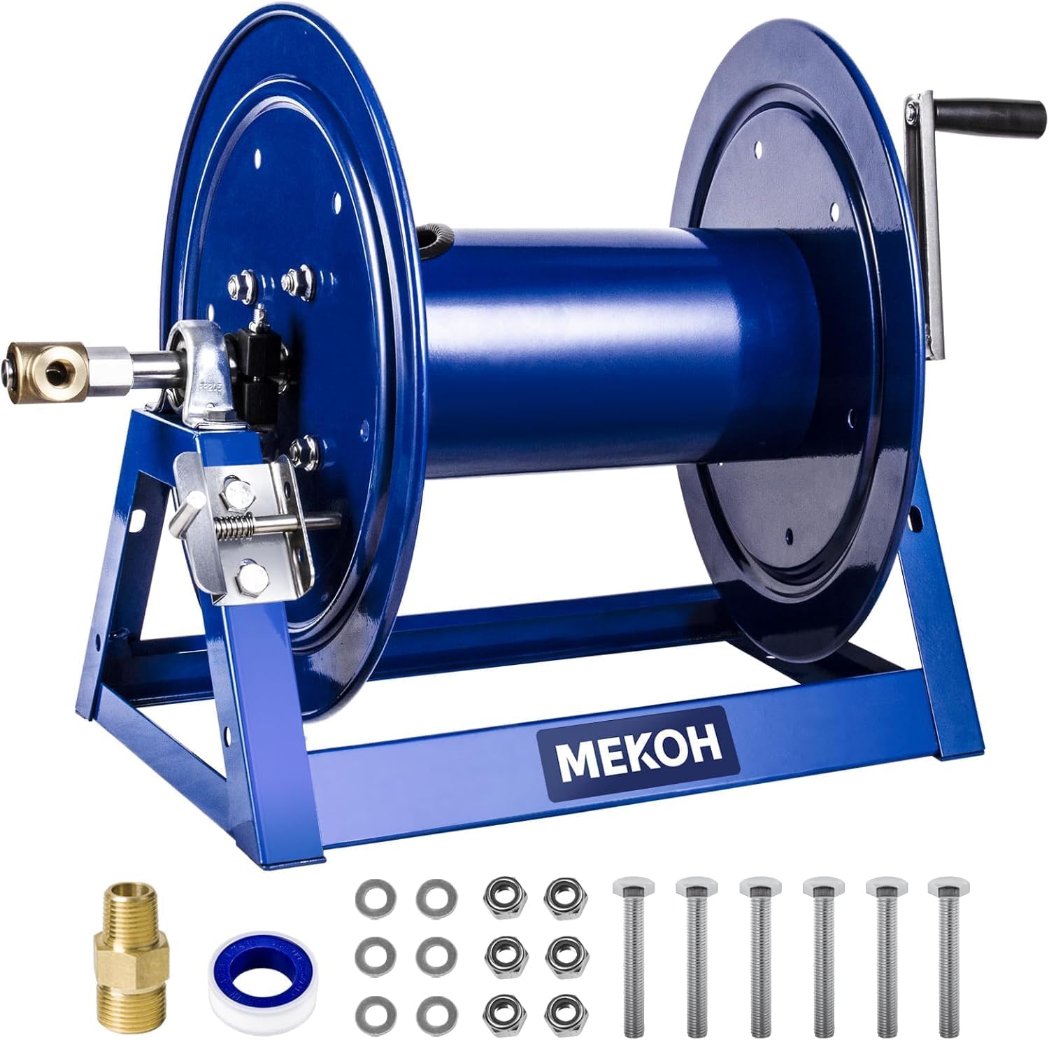 MEKOH Pressure Washer Hose Reel 3-8x350ft, 5000PSI Hand Crank Power Washer Hose Reel for 1-4x455ft, Heavy Duty Steel Hose Reel with Trailer-Wall-Van Mount, A-Frame Manual Reel for Water - 1