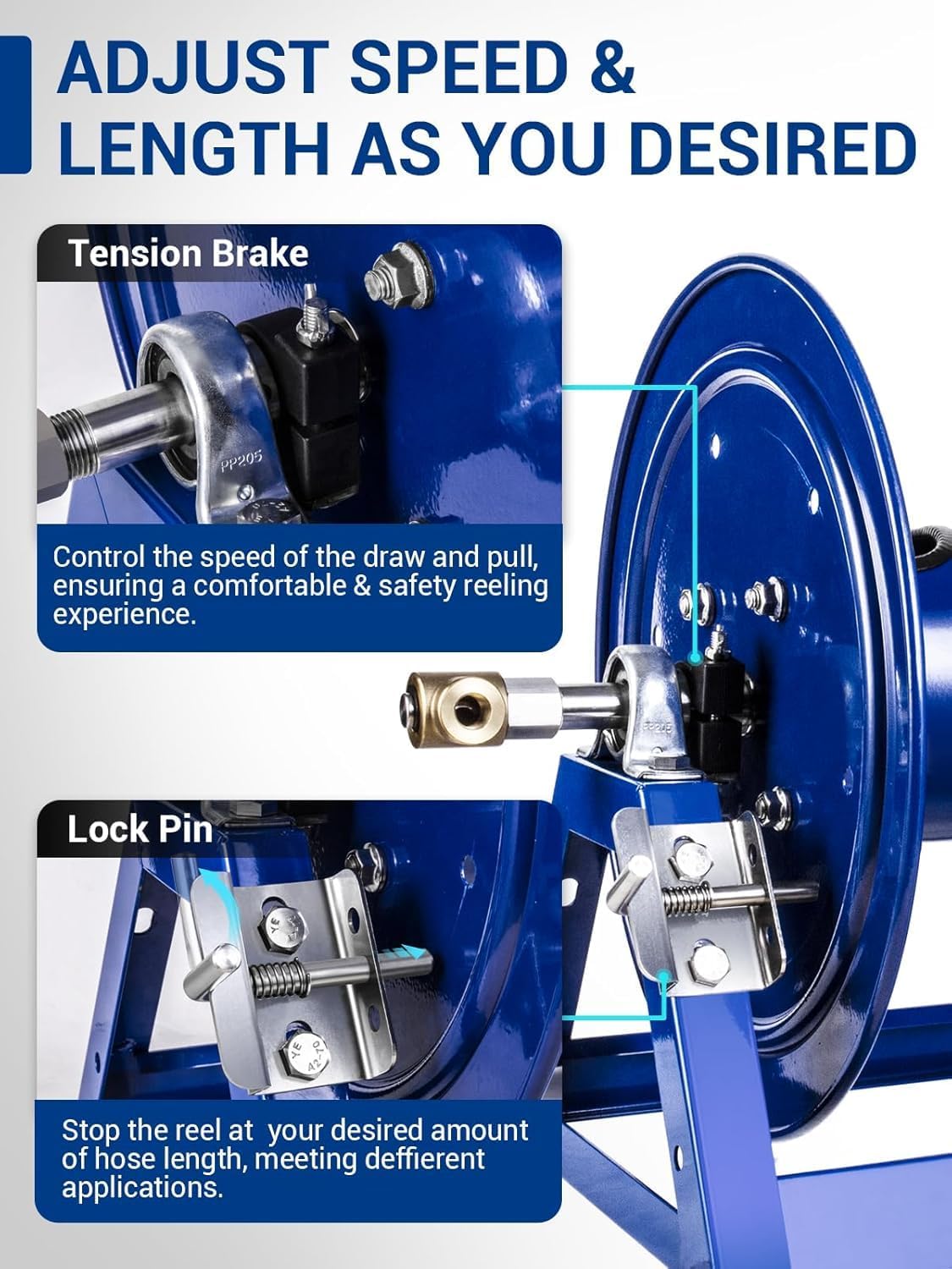 MEKOH Pressure Washer Hose Reel 3-8x350ft, 5000PSI Hand Crank Power Washer Hose Reel for 1-4x455ft, Heavy Duty Steel Hose Reel with Trailer-Wall-Van Mount, A-Frame Manual Reel for Water - 4