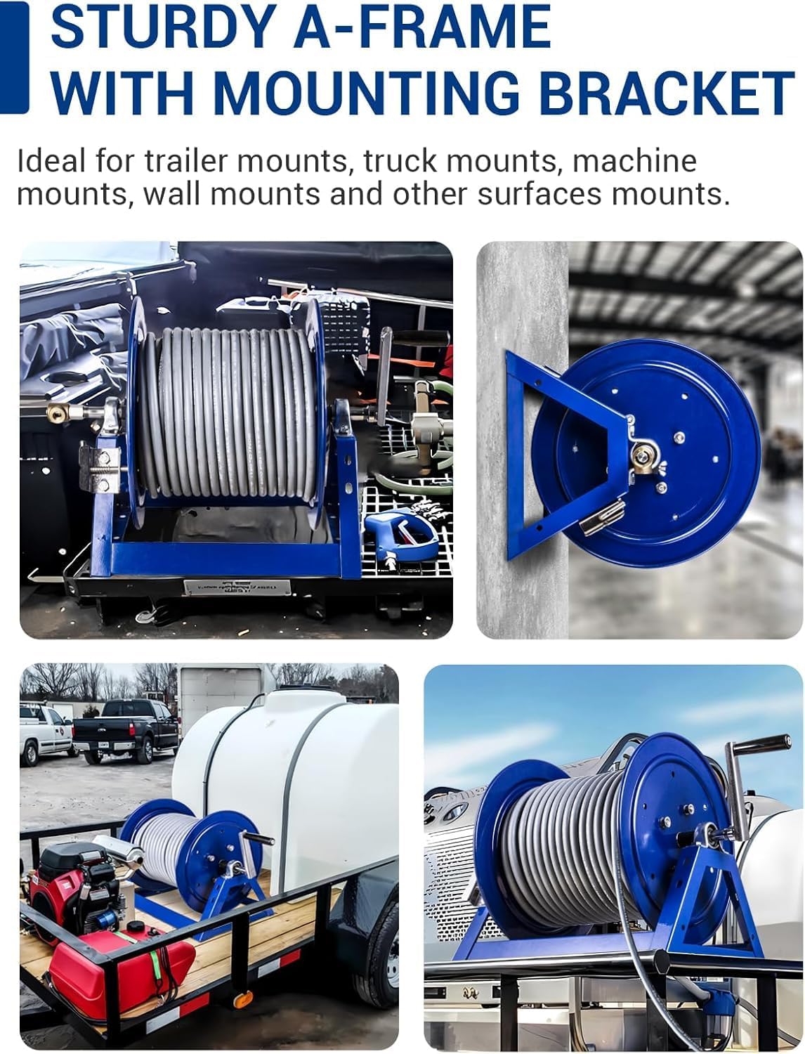 MEKOH Pressure Washer Hose Reel 3-8x350ft, 5000PSI Hand Crank Power Washer Hose Reel for 1-4x455ft, Heavy Duty Steel Hose Reel with Trailer-Wall-Van Mount, A-Frame Manual Reel for Water - 7