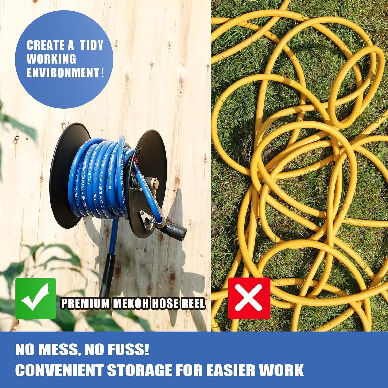 MEKOH Pressure Washer Hose Reel 50 ft x 3-8 or 65 ft x 1-4, 4000PSI Heavy Duty Power Washer Hose Reel with M22-14 Fitting, Hand Crank Metal Reel - 2