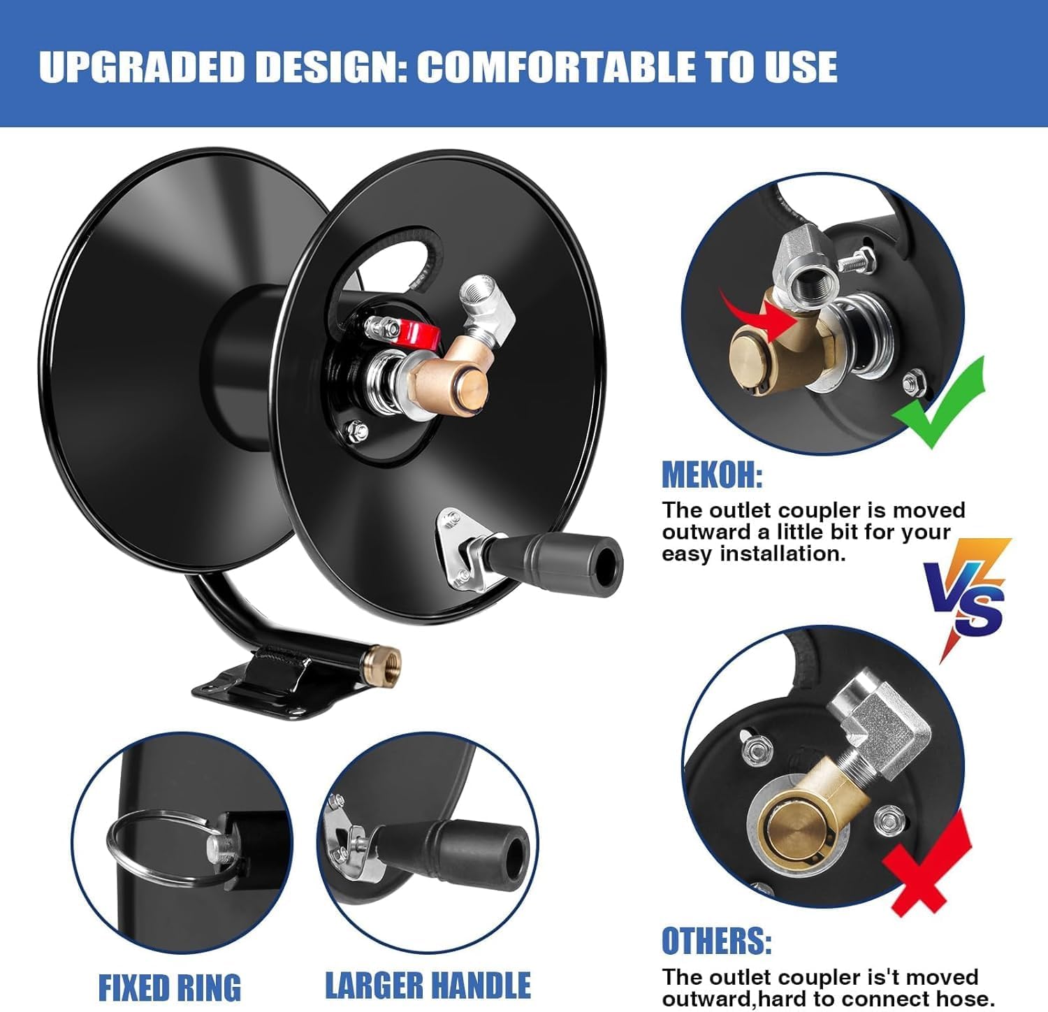MEKOH Pressure Washer Hose Reel 50 ft x 3-8 or 65 ft x 1-4, 4000PSI Heavy Duty Power Washer Hose Reel with M22-14 Fitting, Hand Crank Metal Reel - 3