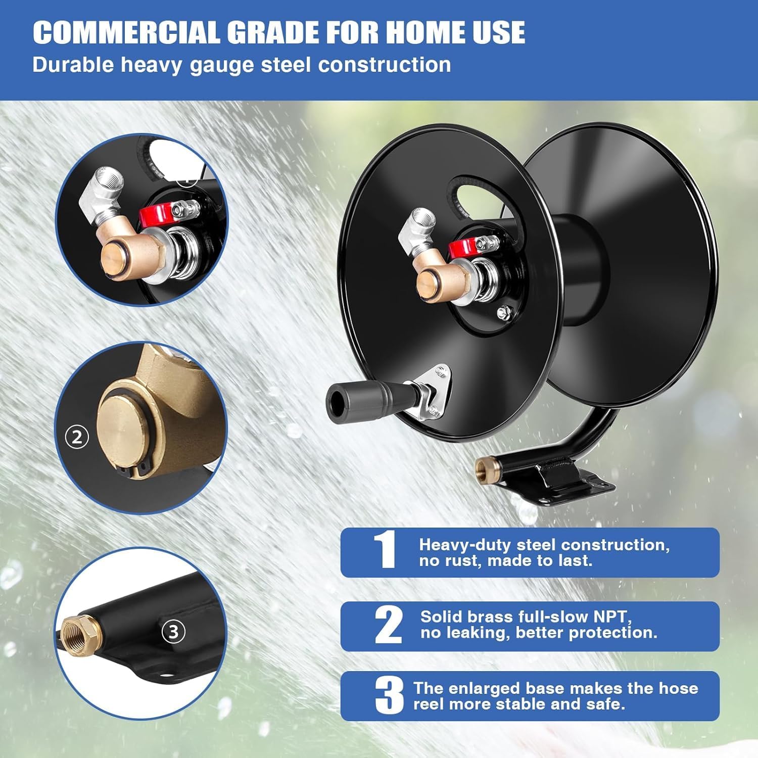 MEKOH Pressure Washer Hose Reel 50 ft x 3-8 or 65 ft x 1-4, 4000PSI Heavy Duty Power Washer Hose Reel with M22-14 Fitting, Hand Crank Metal Reel - 4