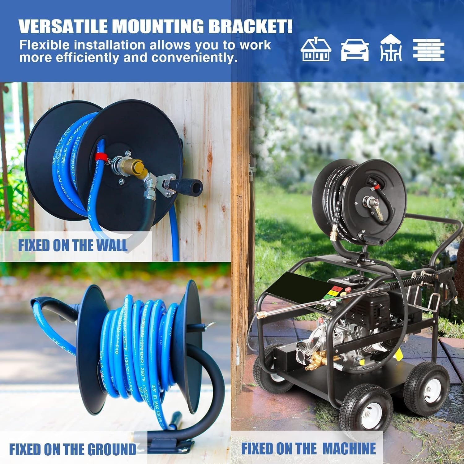 MEKOH Pressure Washer Hose Reel 50 ft x 3-8 or 65 ft x 1-4, 4000PSI Heavy Duty Power Washer Hose Reel with M22-14 Fitting, Hand Crank Metal Reel - 5