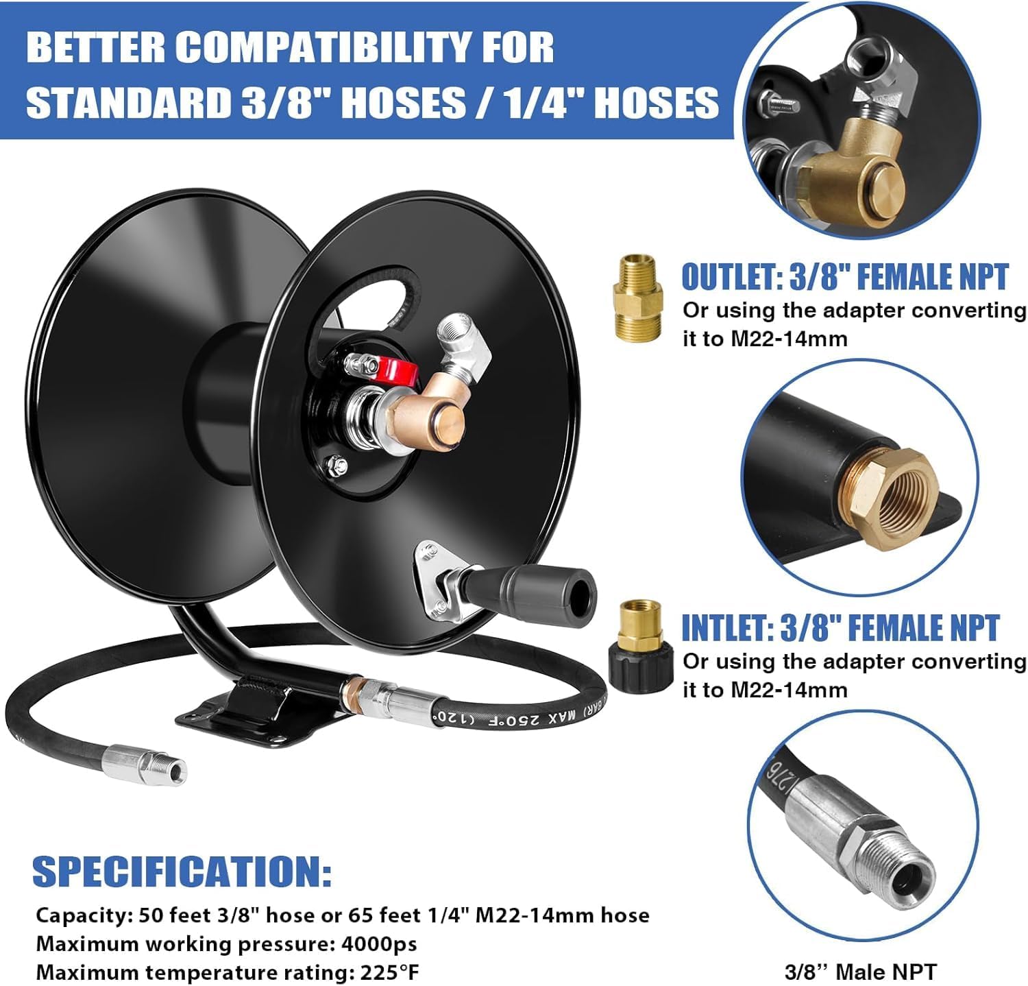 MEKOH Pressure Washer Hose Reel 50 ft x 3-8 or 65 ft x 1-4, 4000PSI Heavy Duty Power Washer Hose Reel with M22-14 Fitting, Hand Crank Metal Reel - 6