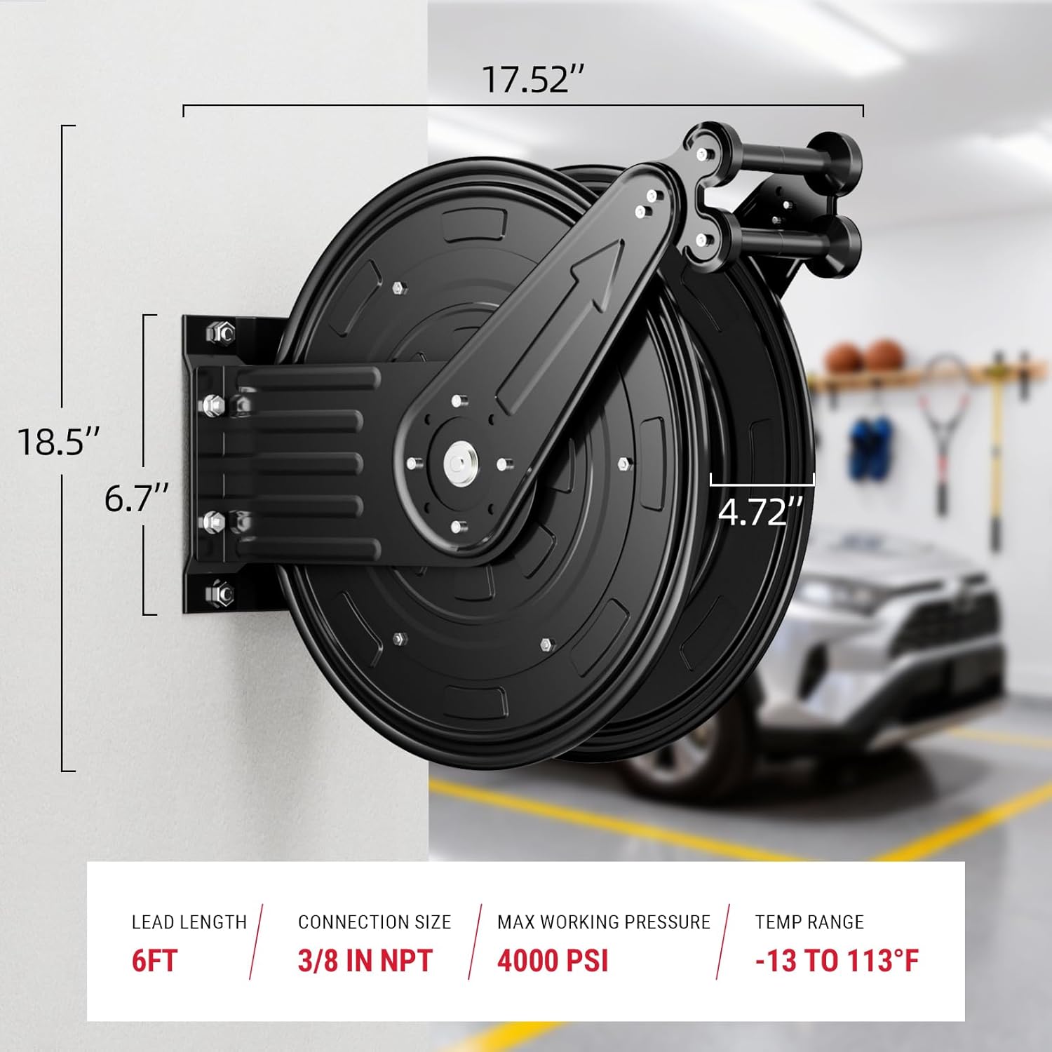 Pressure Washer Hose Reel, 3/8 in x 50 ft Retractable Pressure Washer Reel, 4000 PSI Auto Rewind Heavy Duty Steel Power Wash Hose Reel with 5 ft Lead for Air/Oil/Water - Image 7