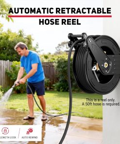 Pressure Washer Hose Reel, 3-8 in x 50 ft Retractable Pressure Washer Reel, 4000 PSI Auto Rewind Heavy Duty Steel Power Wash Hose Reel with 5 ft Lead for Air-Oil-Water - 3