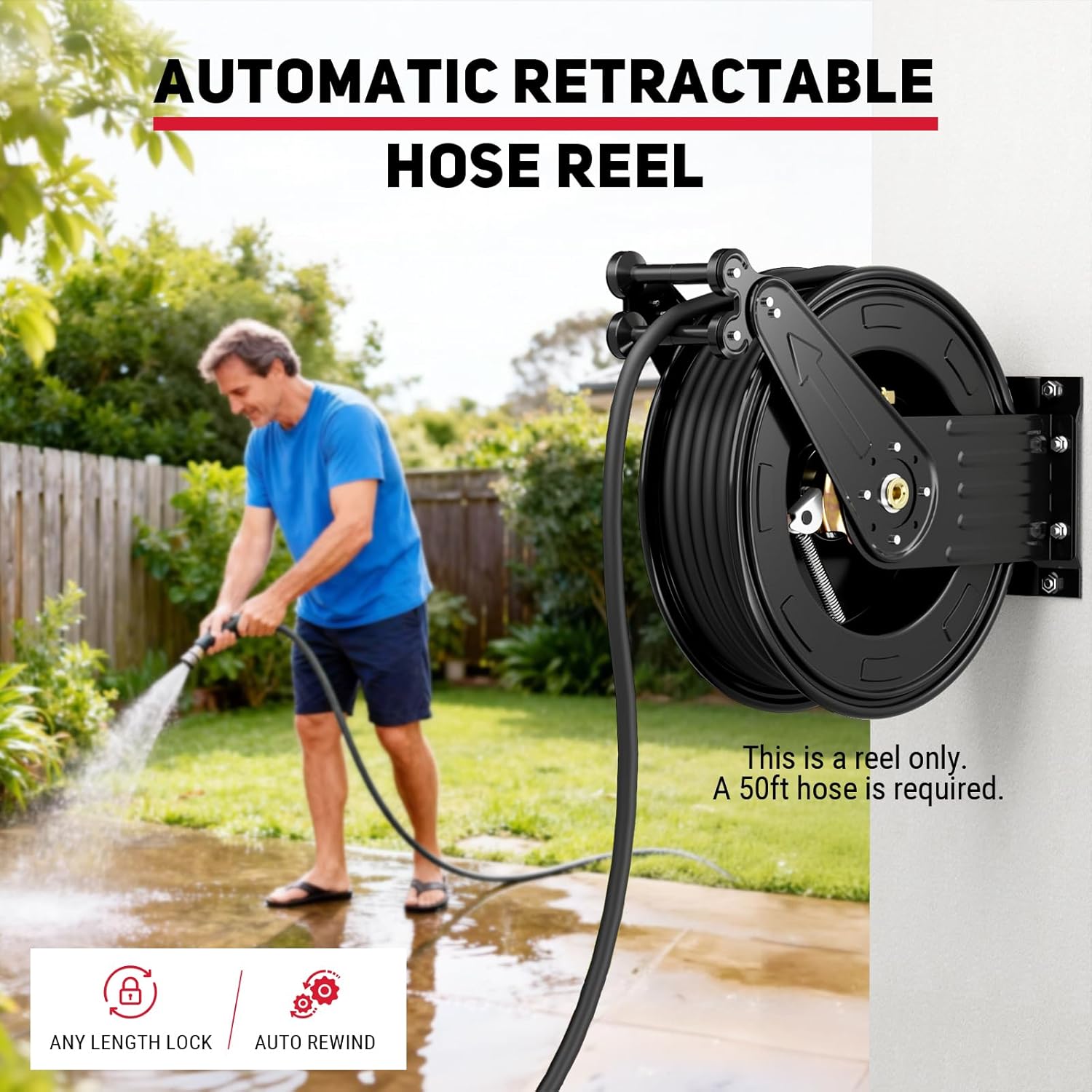 Pressure Washer Hose Reel, 3-8 in x 50 ft Retractable Pressure Washer Reel, 4000 PSI Auto Rewind Heavy Duty Steel Power Wash Hose Reel with 5 ft Lead for Air-Oil-Water - 3