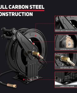 Pressure Washer Hose Reel, 3-8 in x 50 ft Retractable Pressure Washer Reel, 4000 PSI Auto Rewind Heavy Duty Steel Power Wash Hose Reel with 5 ft Lead for Air-Oil-Water - 4