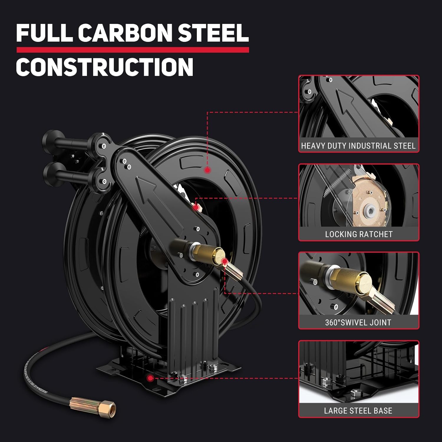 Pressure Washer Hose Reel, 3-8 in x 50 ft Retractable Pressure Washer Reel, 4000 PSI Auto Rewind Heavy Duty Steel Power Wash Hose Reel with 5 ft Lead for Air-Oil-Water - 4