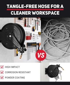 Pressure Washer Hose Reel, 3-8 in x 50 ft Retractable Pressure Washer Reel, 4000 PSI Auto Rewind Heavy Duty Steel Power Wash Hose Reel with 5 ft Lead for Air-Oil-Water - 5