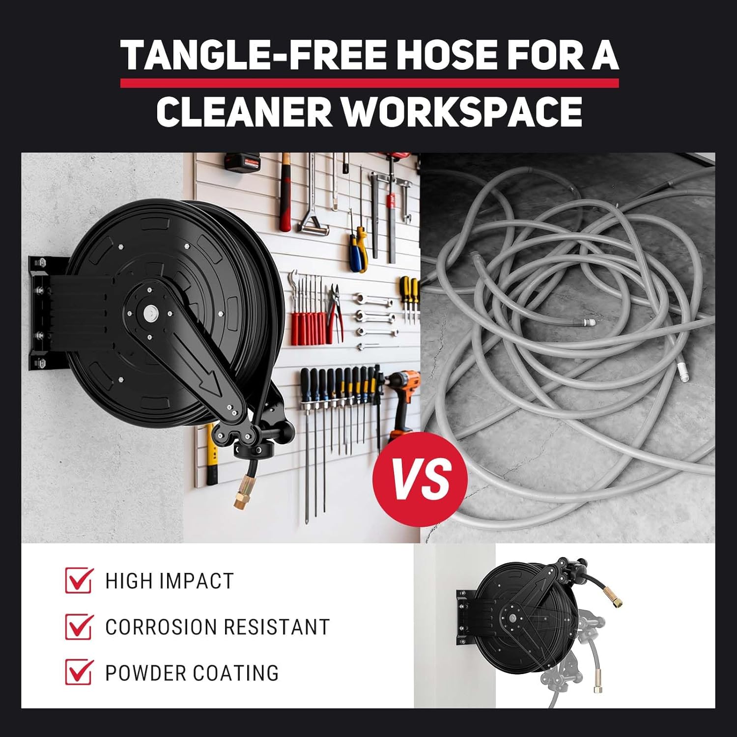 Pressure Washer Hose Reel, 3-8 in x 50 ft Retractable Pressure Washer Reel, 4000 PSI Auto Rewind Heavy Duty Steel Power Wash Hose Reel with 5 ft Lead for Air-Oil-Water - 5