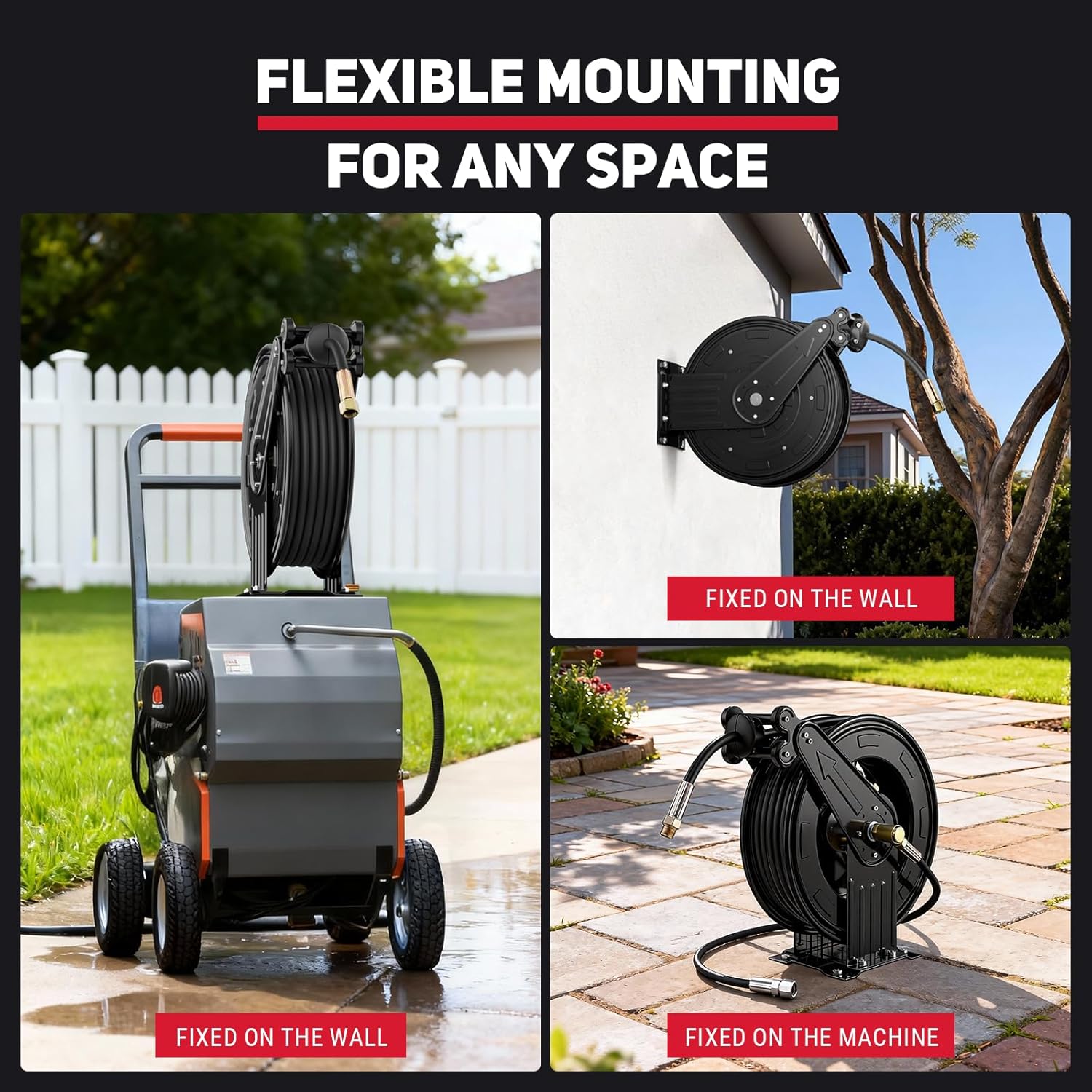 Pressure Washer Hose Reel, 3-8 in x 50 ft Retractable Pressure Washer Reel, 4000 PSI Auto Rewind Heavy Duty Steel Power Wash Hose Reel with 5 ft Lead for Air-Oil-Water - 6