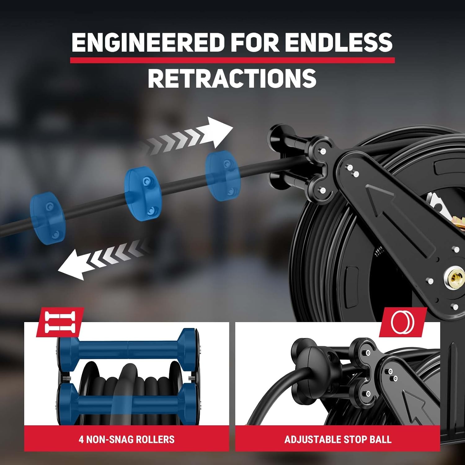 Pressure Washer Hose Reel, 3-8 in x 50 ft Retractable Pressure Washer Reel, 4000 PSI Auto Rewind Heavy Duty Steel Power Wash Hose Reel with 5 ft Lead for Air-Oil-Water - 7