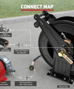 Pressure Washer Hose Reel, 3-8 in x 50 ft Retractable Pressure Washer Reel, 4000 PSI Auto Rewind Heavy Duty Steel Power Wash Hose Reel with 5 ft Lead for Air-Oil-Water - 8