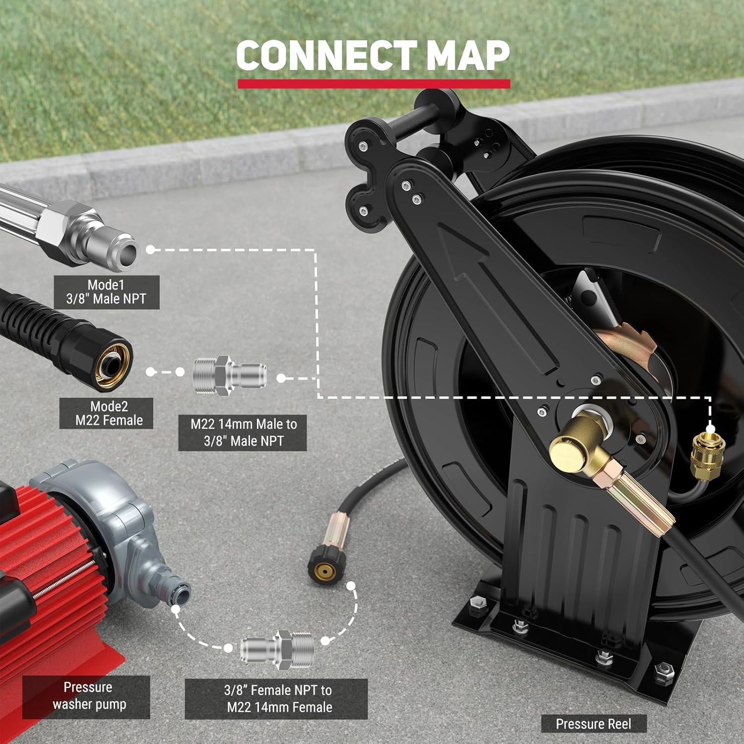 Pressure Washer Hose Reel, 3-8 in x 50 ft Retractable Pressure Washer Reel, 4000 PSI Auto Rewind Heavy Duty Steel Power Wash Hose Reel with 5 ft Lead for Air-Oil-Water - 8