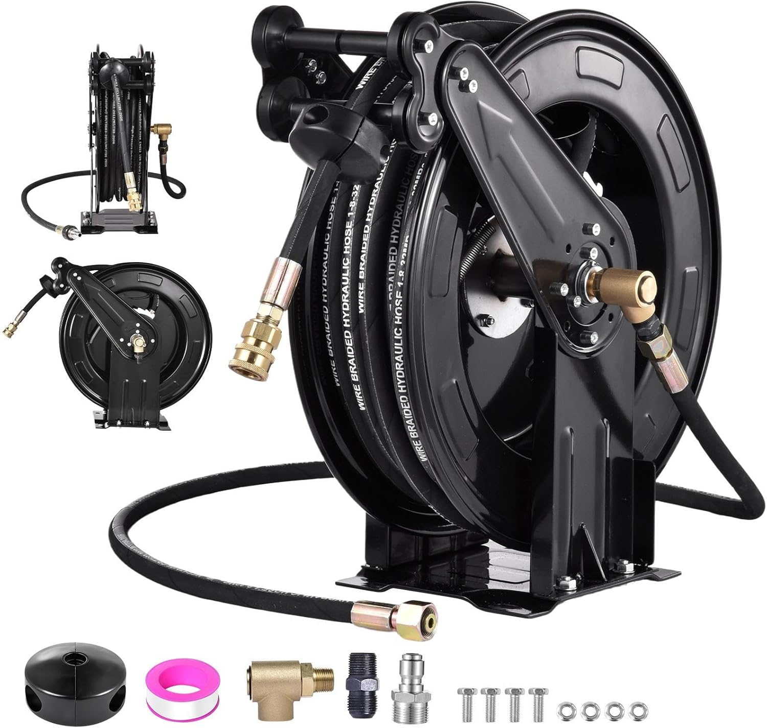 Pressure Washer Hose Reel, Steel Double Arm 3-8 X 50 FT Automatic Retractable Power Washs Hose Reels, Heavy Duty Hoses Reels 4000 PSI With 50FT Inlet Hoses And 360° Swivel Joint - 1