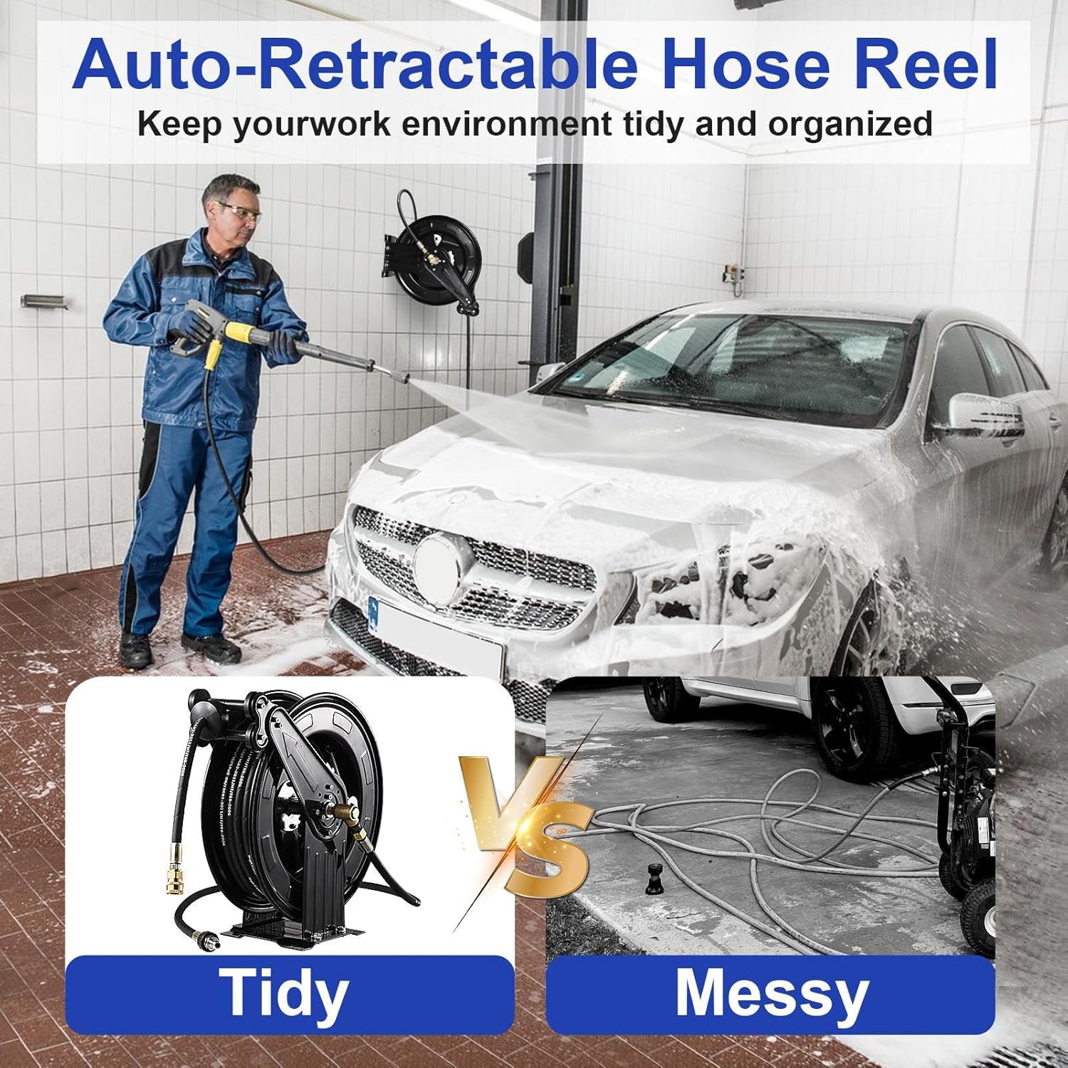 Pressure Washer Hose Reel, Steel Double Arm 3-8 X 50 FT Automatic Retractable Power Washs Hose Reels, Heavy Duty Hoses Reels 4000 PSI With 50FT Inlet Hoses And 360° Swivel Joint - 3