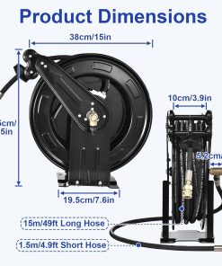 Pressure Washer Hose Reel, Steel Double Arm 3-8 X 50 FT Automatic Retractable Power Washs Hose Reels, Heavy Duty Hoses Reels 4000 PSI With 50FT Inlet Hoses And 360° Swivel Joint - 4