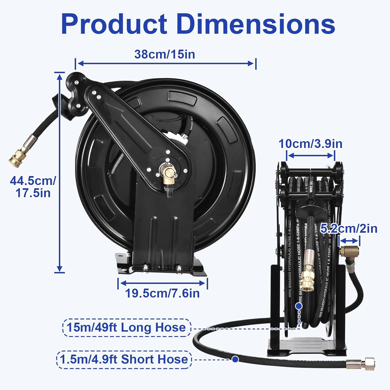 Pressure Washer Hose Reel, Steel Double Arm 3-8 X 50 FT Automatic Retractable Power Washs Hose Reels, Heavy Duty Hoses Reels 4000 PSI With 50FT Inlet Hoses And 360° Swivel Joint - 4