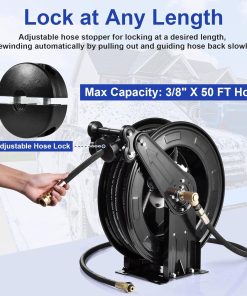 Pressure Washer Hose Reel, Steel Double Arm 3-8 X 50 FT Automatic Retractable Power Washs Hose Reels, Heavy Duty Hoses Reels 4000 PSI With 50FT Inlet Hoses And 360° Swivel Joint - 5