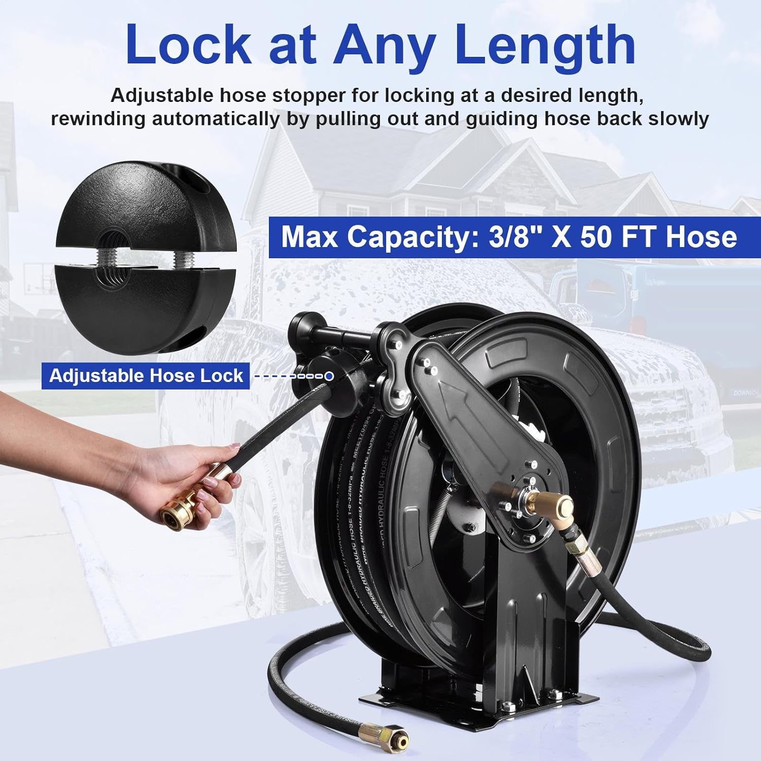 Pressure Washer Hose Reel, Steel Double Arm 3-8 X 50 FT Automatic Retractable Power Washs Hose Reels, Heavy Duty Hoses Reels 4000 PSI With 50FT Inlet Hoses And 360° Swivel Joint - 5