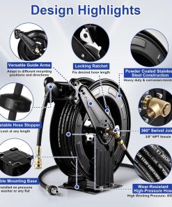 Pressure Washer Hose Reel, Steel Double Arm 3-8 X 50 FT Automatic Retractable Power Washs Hose Reels, Heavy Duty Hoses Reels 4000 PSI With 50FT Inlet Hoses And 360° Swivel Joint - 6
