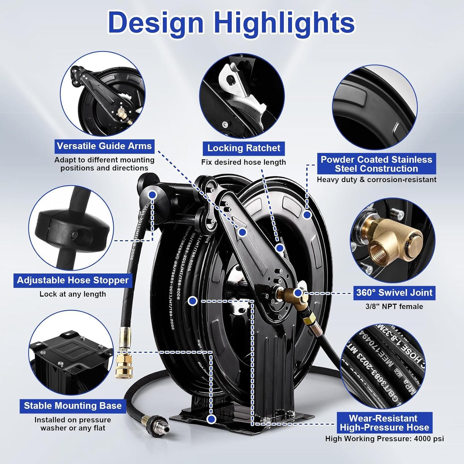 Pressure Washer Hose Reel, Steel Double Arm 3-8 X 50 FT Automatic Retractable Power Washs Hose Reels, Heavy Duty Hoses Reels 4000 PSI With 50FT Inlet Hoses And 360° Swivel Joint - 6