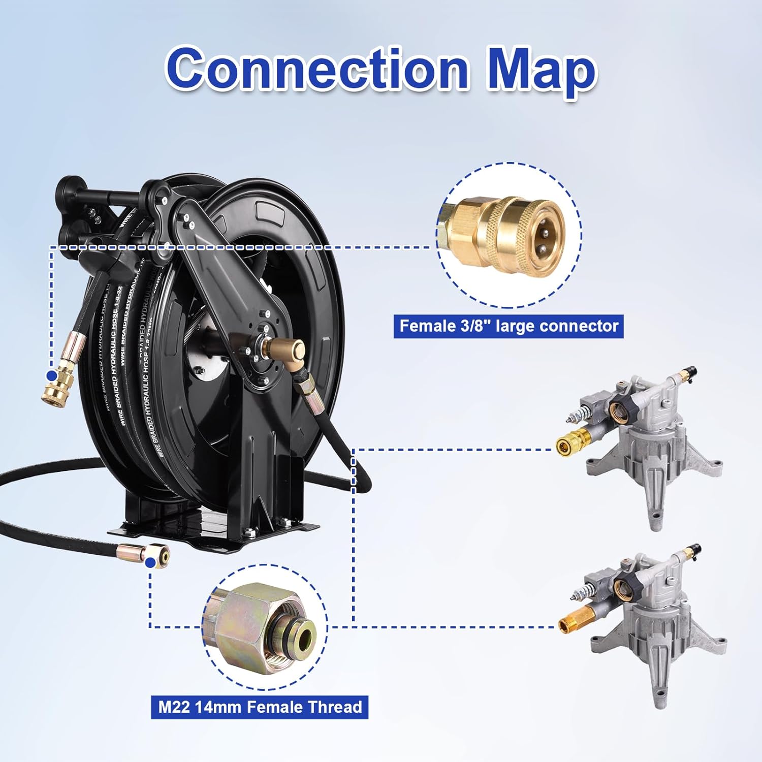 Pressure Washer Hose Reel, Steel Double Arm 3-8 X 50 FT Automatic Retractable Power Washs Hose Reels, Heavy Duty Hoses Reels 4000 PSI With 50FT Inlet Hoses And 360° Swivel Joint - 7