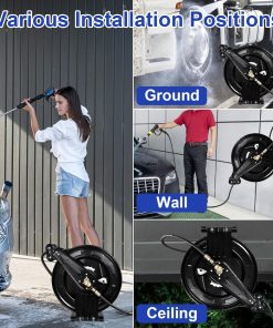 Pressure Washer Hose Reel, Steel Double Arm 3-8 X 50 FT Automatic Retractable Power Washs Hose Reels, Heavy Duty Hoses Reels 4000 PSI With 50FT Inlet Hoses And 360° Swivel Joint - 8