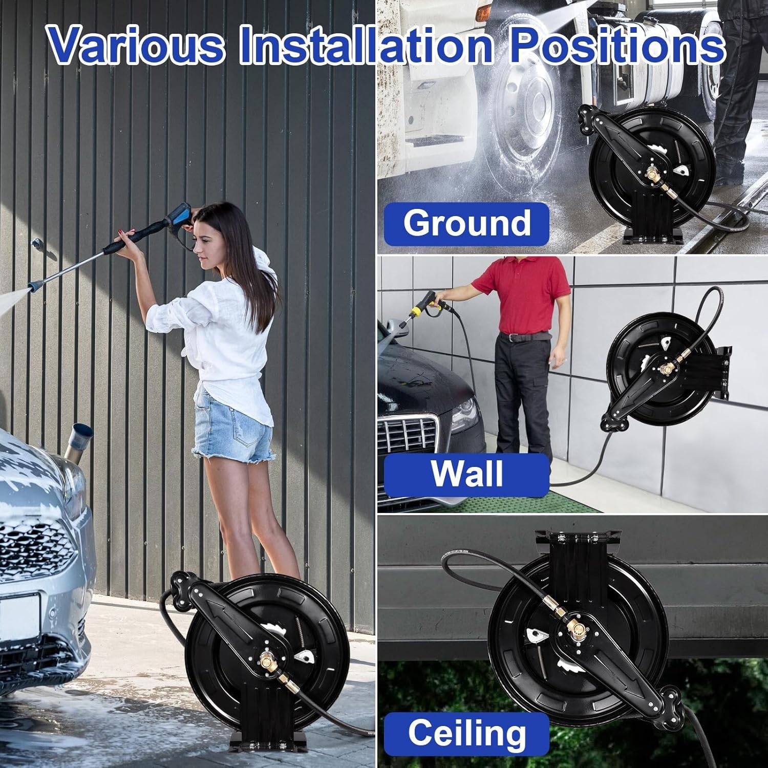 Pressure Washer Hose Reel, Steel Double Arm 3-8 X 50 FT Automatic Retractable Power Washs Hose Reels, Heavy Duty Hoses Reels 4000 PSI With 50FT Inlet Hoses And 360° Swivel Joint - 8