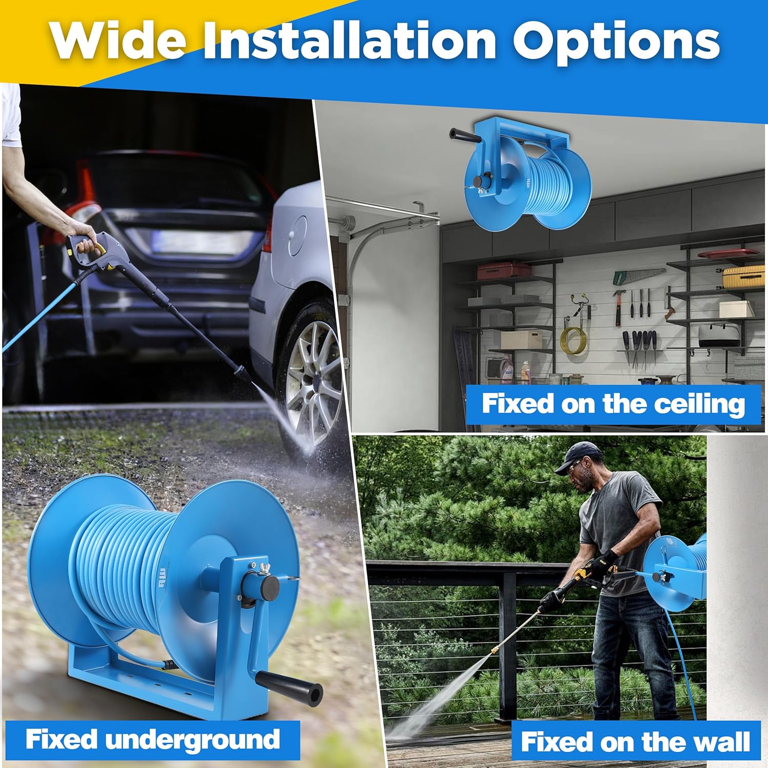 RIDGE WASHER Pressure Washer Hose Reel 180FT, Mounted Heavy Duty High Power Washer Hose Reel, 4000 PSI Manual Crank Hoses Reel, 3-8' Whip Hose - 2