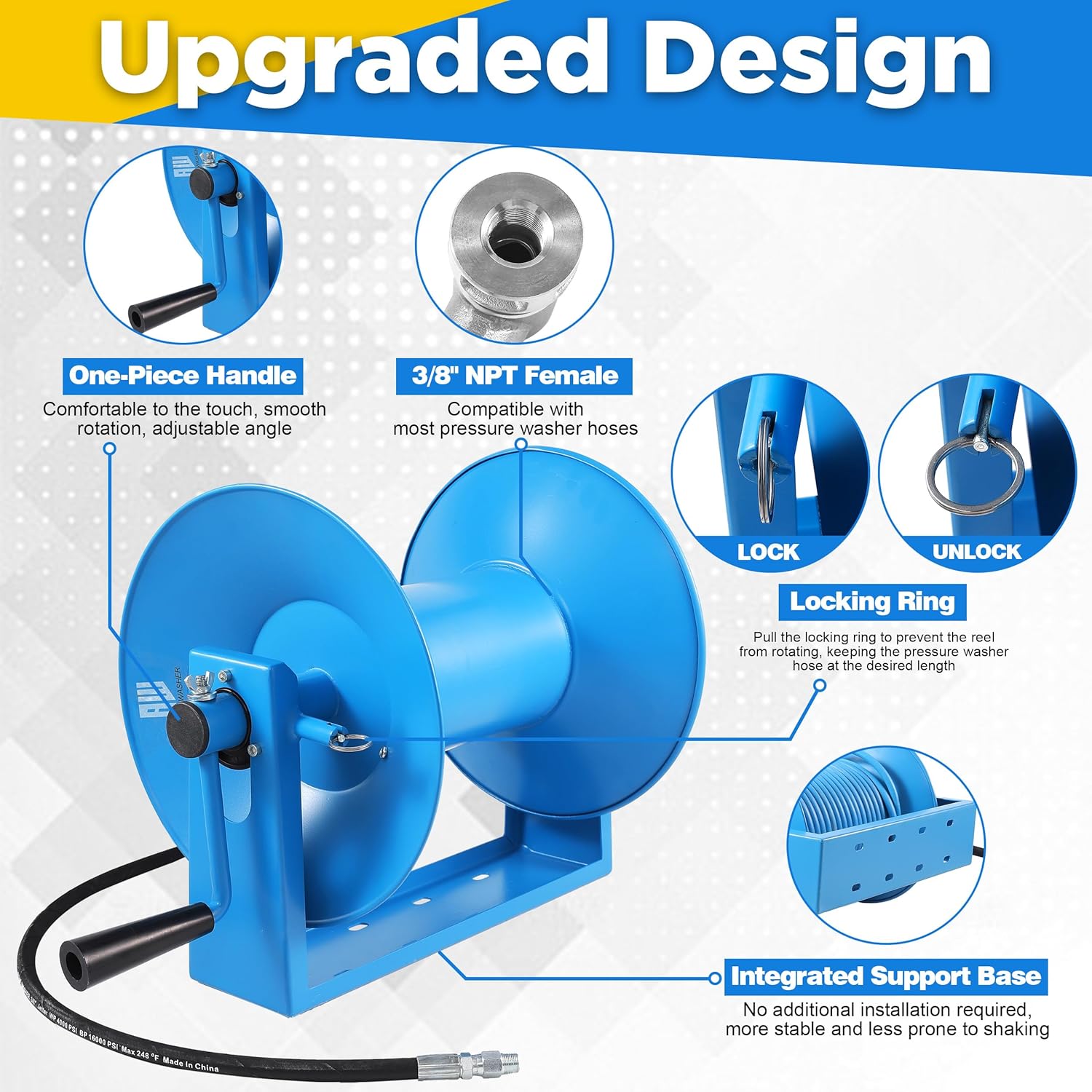 RIDGE WASHER Pressure Washer Hose Reel 180FT, Mounted Heavy Duty High Power Washer Hose Reel, 4000 PSI Manual Crank Hoses Reel, 3-8' Whip Hose - 5