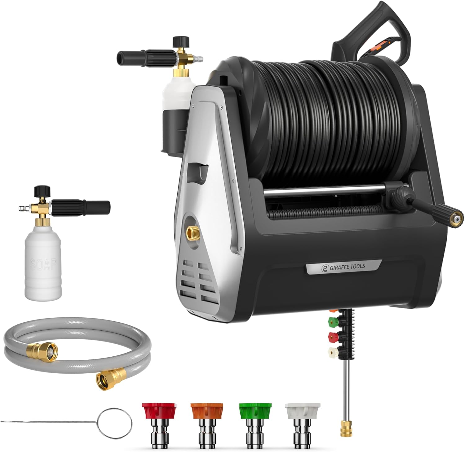 Giraffe Tools Wall Mounted Pressure Washer Essential with Upgraded 1800W Motor, 2900 PSI, 2.2 GPM Electric Power Washer, Automatic Rewind, 100ft Pressure Hoses - 1