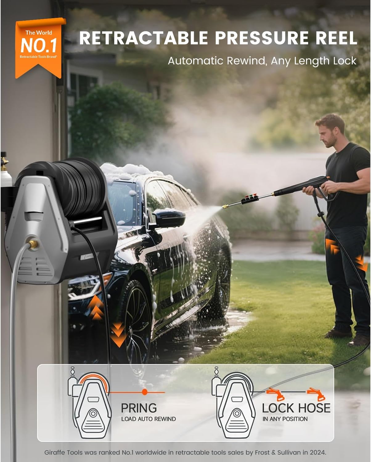 Giraffe Tools Wall Mounted Pressure Washer Essential with Upgraded 1800W Motor, 2900 PSI, 2.2 GPM Electric Power Washer, Automatic Rewind, 100ft Pressure Hoses - 2