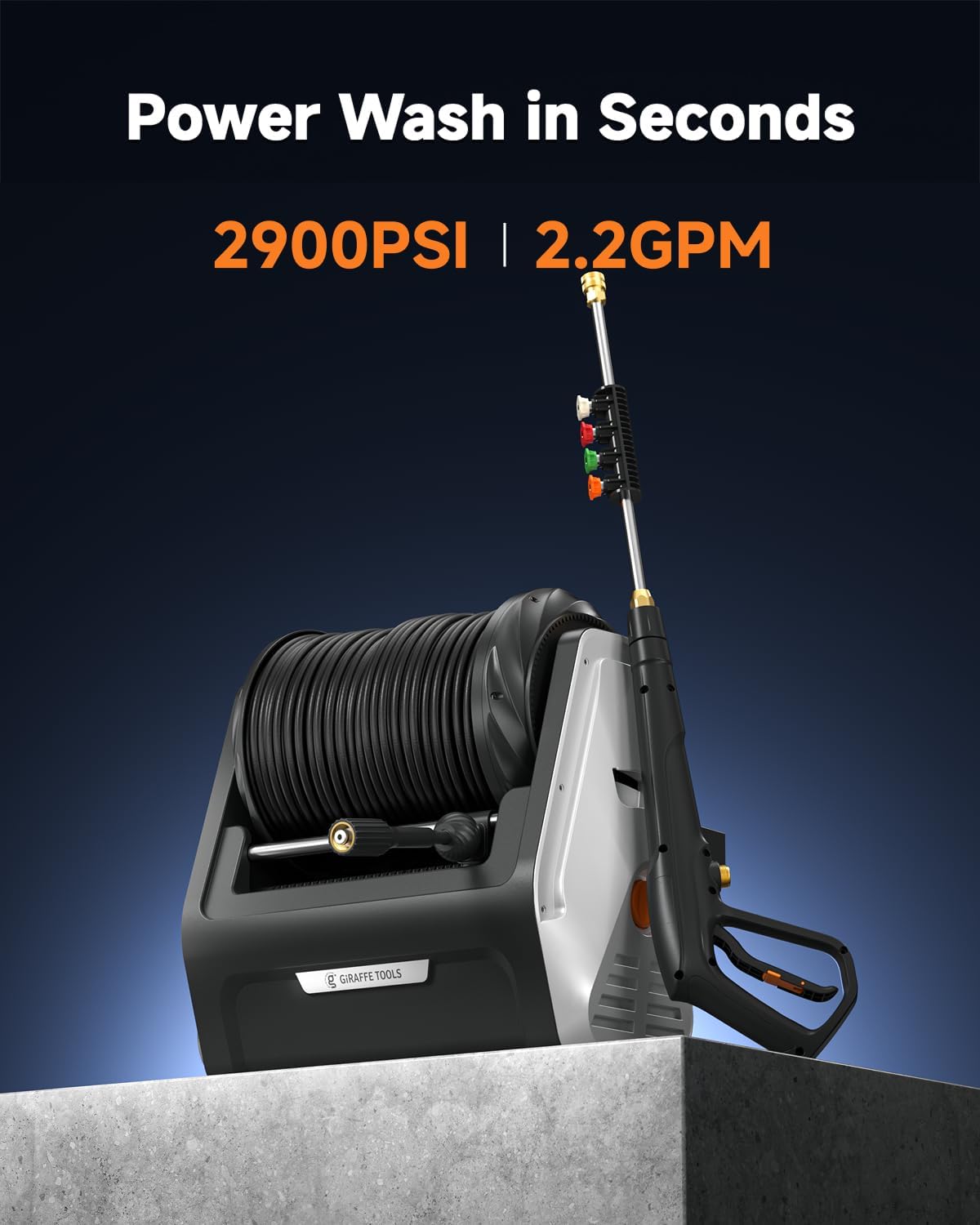 Giraffe Tools Wall Mounted Pressure Washer Essential with Upgraded 1800W Motor, 2900 PSI, 2.2 GPM Electric Power Washer, Automatic Rewind, 100ft Pressure Hoses - 4