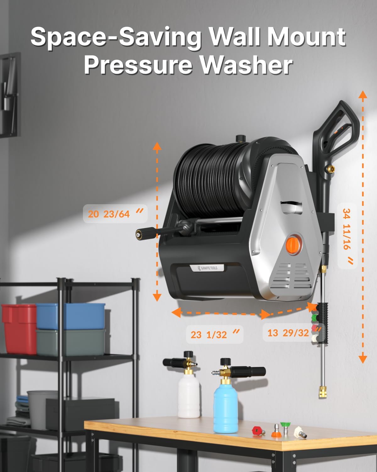 Giraffe Tools Wall Mounted Pressure Washer Essential with Upgraded 1800W Motor, 2900 PSI, 2.2 GPM Electric Power Washer, Automatic Rewind, 100ft Pressure Hoses - 5