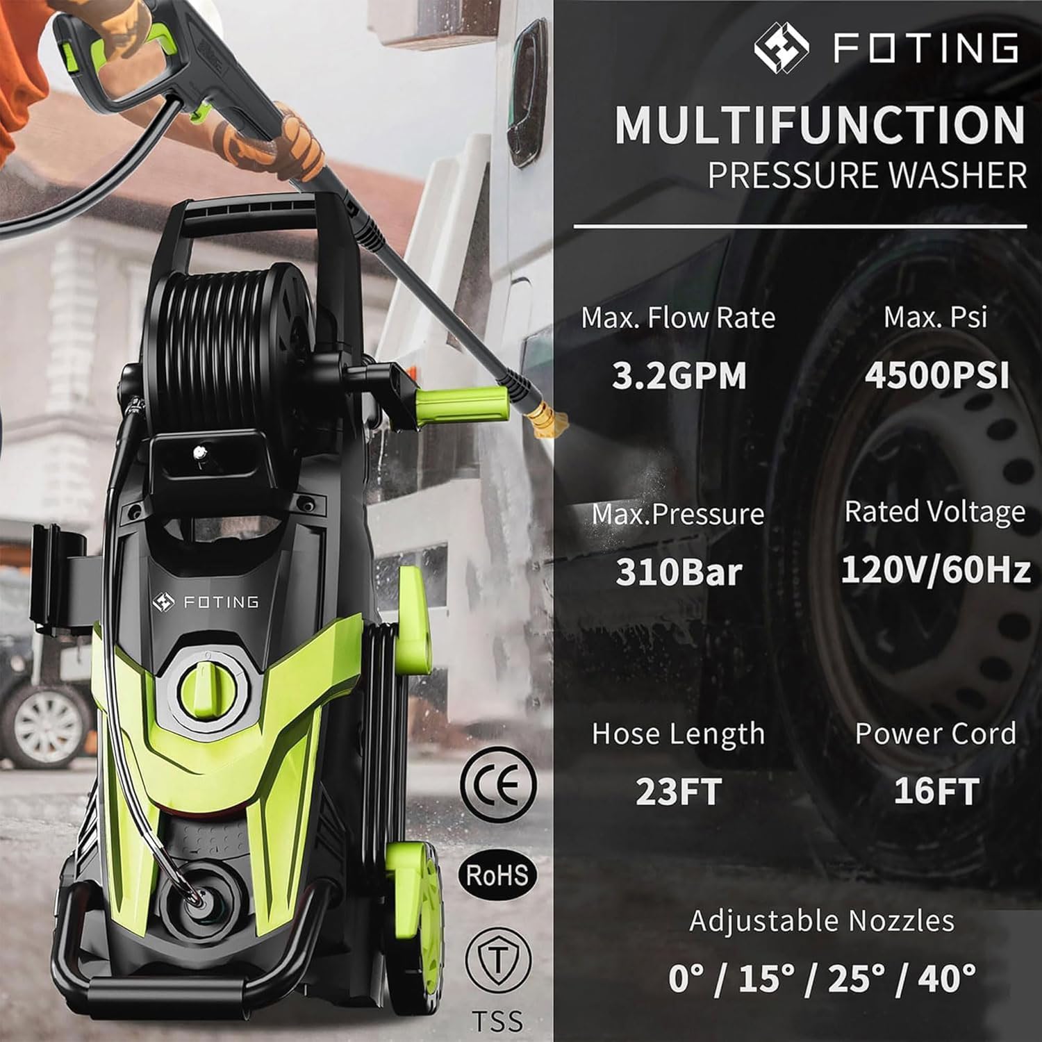 Pressure Power Washer 4500PSI with 4 Quick Connect Nozzles, Inlet Hose & Filter, Foam Cannon for Cars-Fences-Driveways-Patios-Home Cleaning - 2