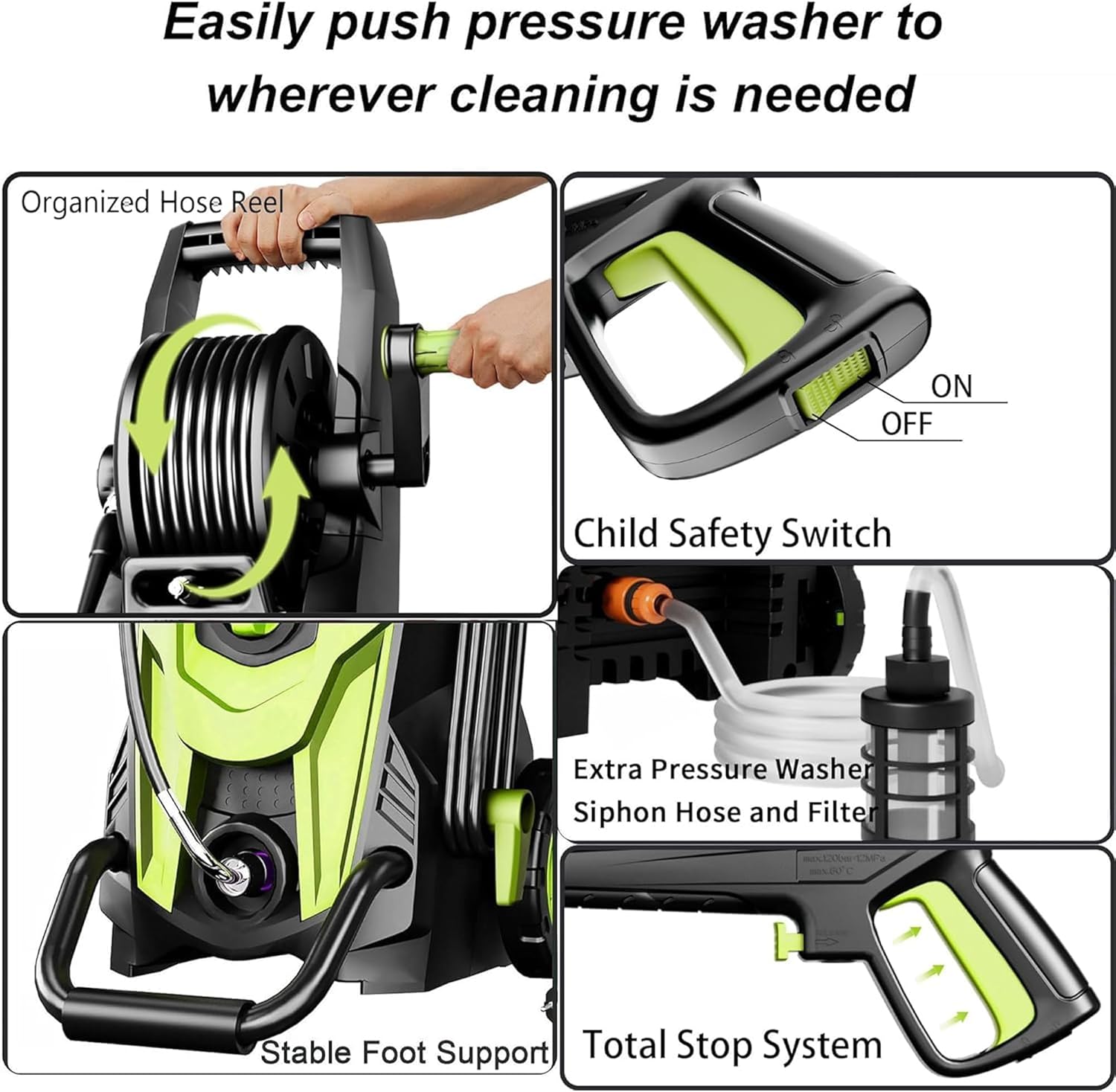 Pressure Power Washer 4500PSI with 4 Quick Connect Nozzles, Inlet Hose & Filter, Foam Cannon for Cars-Fences-Driveways-Patios-Home Cleaning - 5