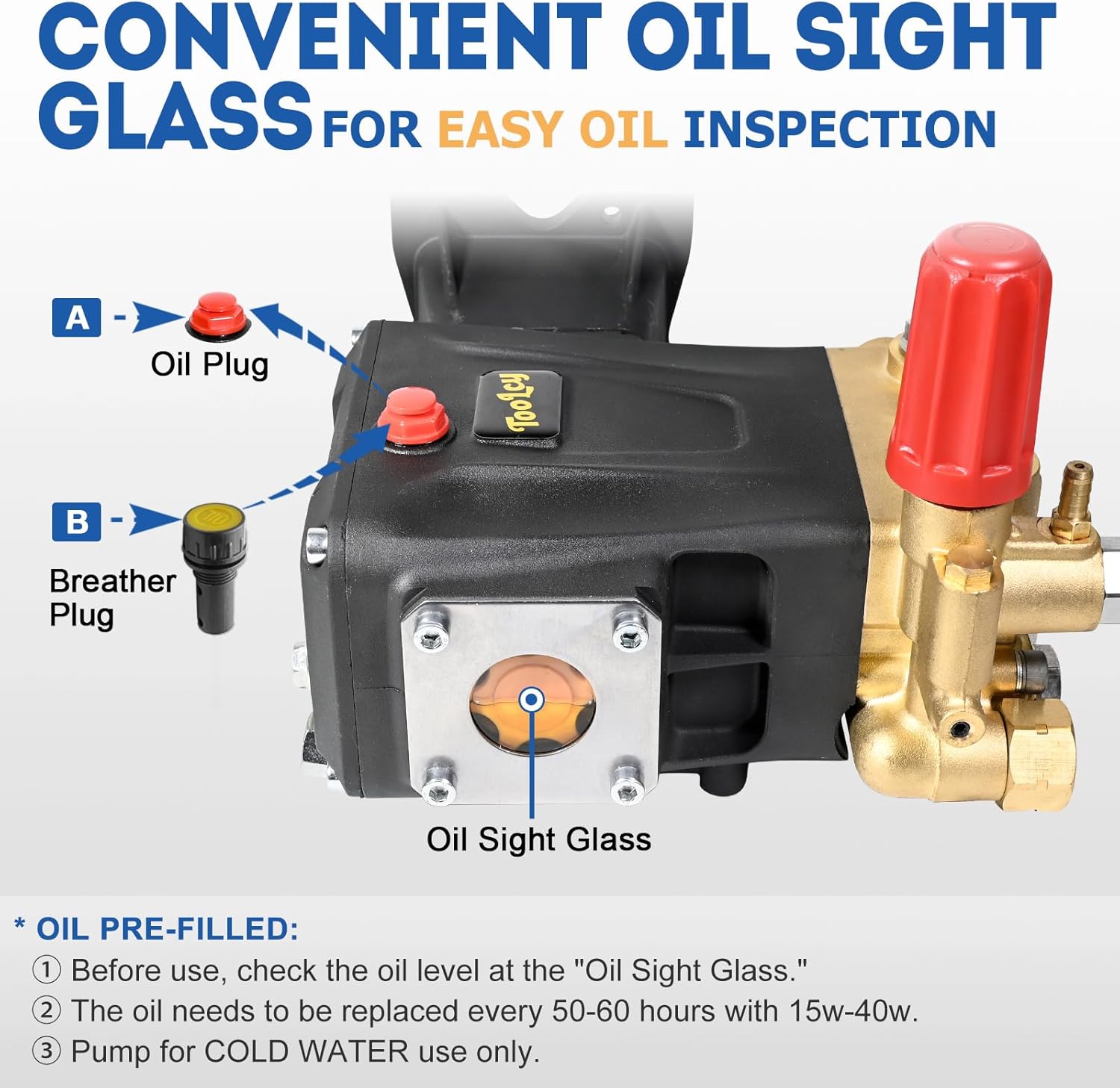 TOOLCY Pressure Washer Pump 3600-4400 PSI Max 4.4 GPM, 1 inch Shaft Horizontal Triplex Plunger Power Washer Pump Replacement, Direct Drive Pressure Pump with Unloader, 5 Nozzle Tips, M22-14mm Adapter - Image 4