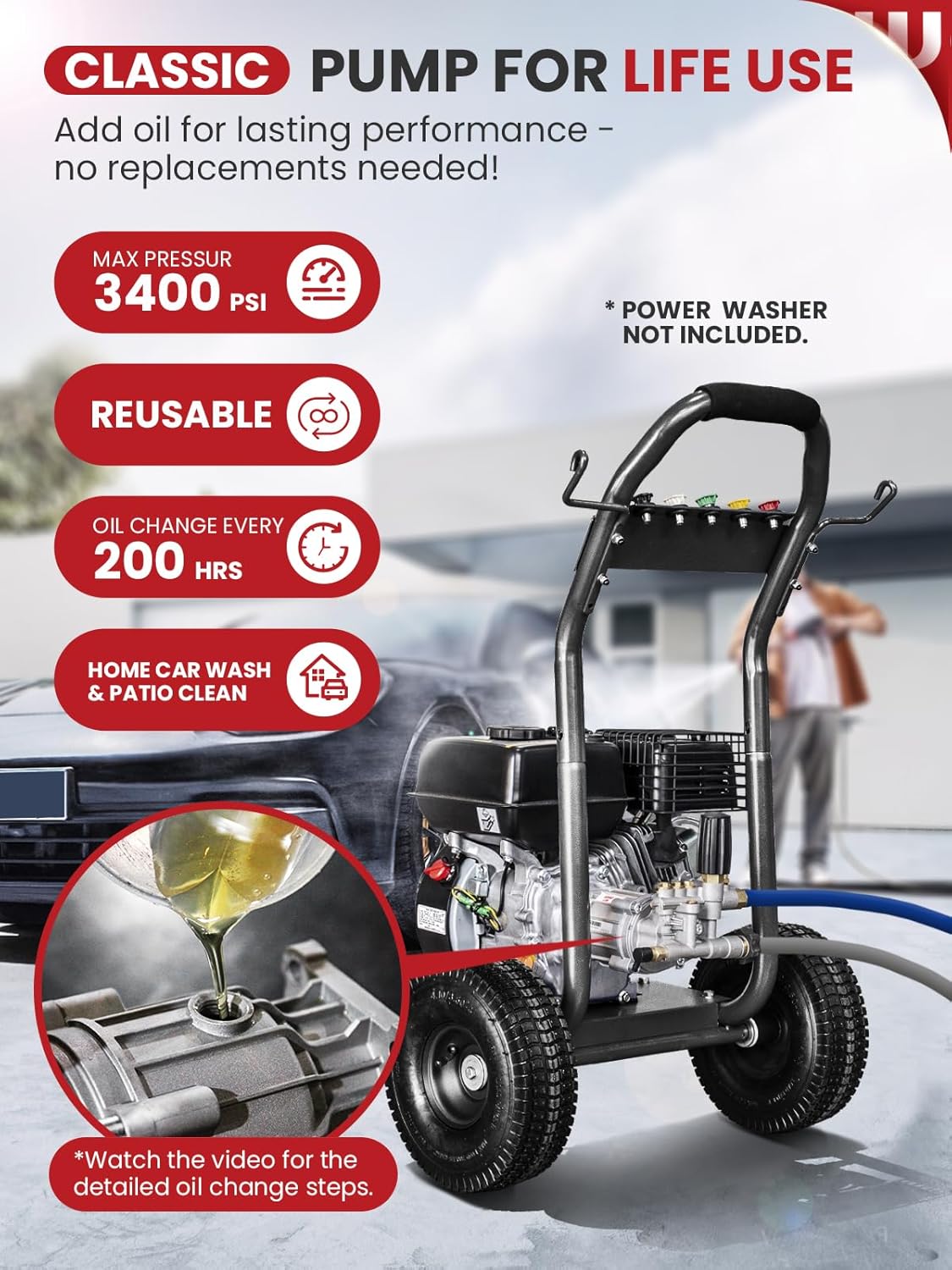 WOJET Pressure Washer Pump, 3/4" Shaft, 3400PSI 2.5GPM, Horizontal Power Washer Pump With Anti-seize, Self-Priming, Replacement Pressure Washer Pump Kit for Dewalt, Simpson, Craftsman, Honda, Generac - Image 9