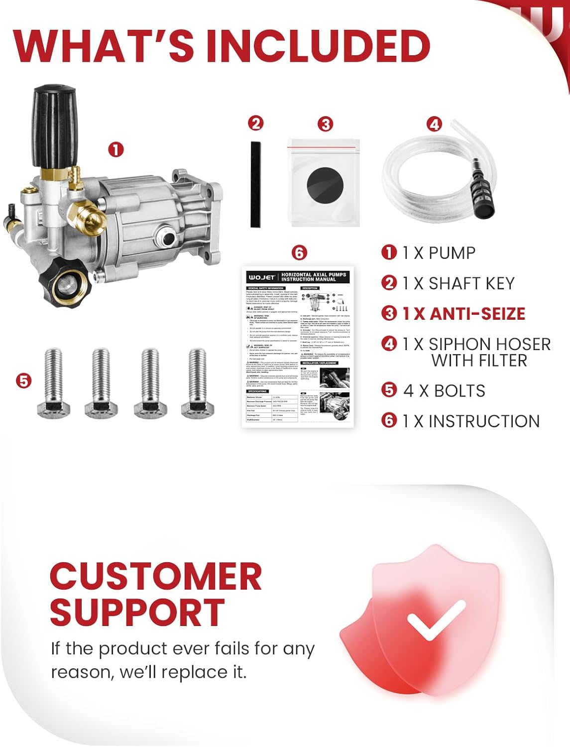 WOJET Pressure Washer Pump, 3/4" Shaft, 3400PSI 2.5GPM, Horizontal Power Washer Pump With Anti-seize, Self-Priming, Replacement Pressure Washer Pump Kit for Dewalt, Simpson, Craftsman, Honda, Generac - Image 3
