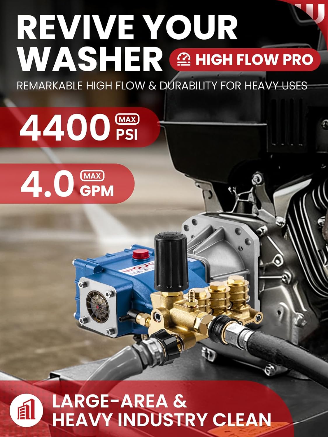 WOJET Triplex Plunger Pressure Washer Pump, 4400PSI 4.0GPM, 1" Shaft, Self-Priming, Horizontal Replacement Pump Kit for Honda GX270 GX340, Dewalt 4000/4200PSI, Simpson PS60869, Generac 9-15HP Engines - Image 3