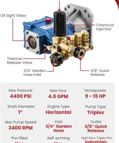 Alternative view of WOJET Triplex Plunger Pressure Washer Pump, 4400PSI 4.0GPM, 1" Shaft, Self-Priming, Horizontal Replacement Pump Kit for Honda GX270 GX340, Dewalt 4000/4200PSI, Simpson PS60869, Generac 9-15HP Engines