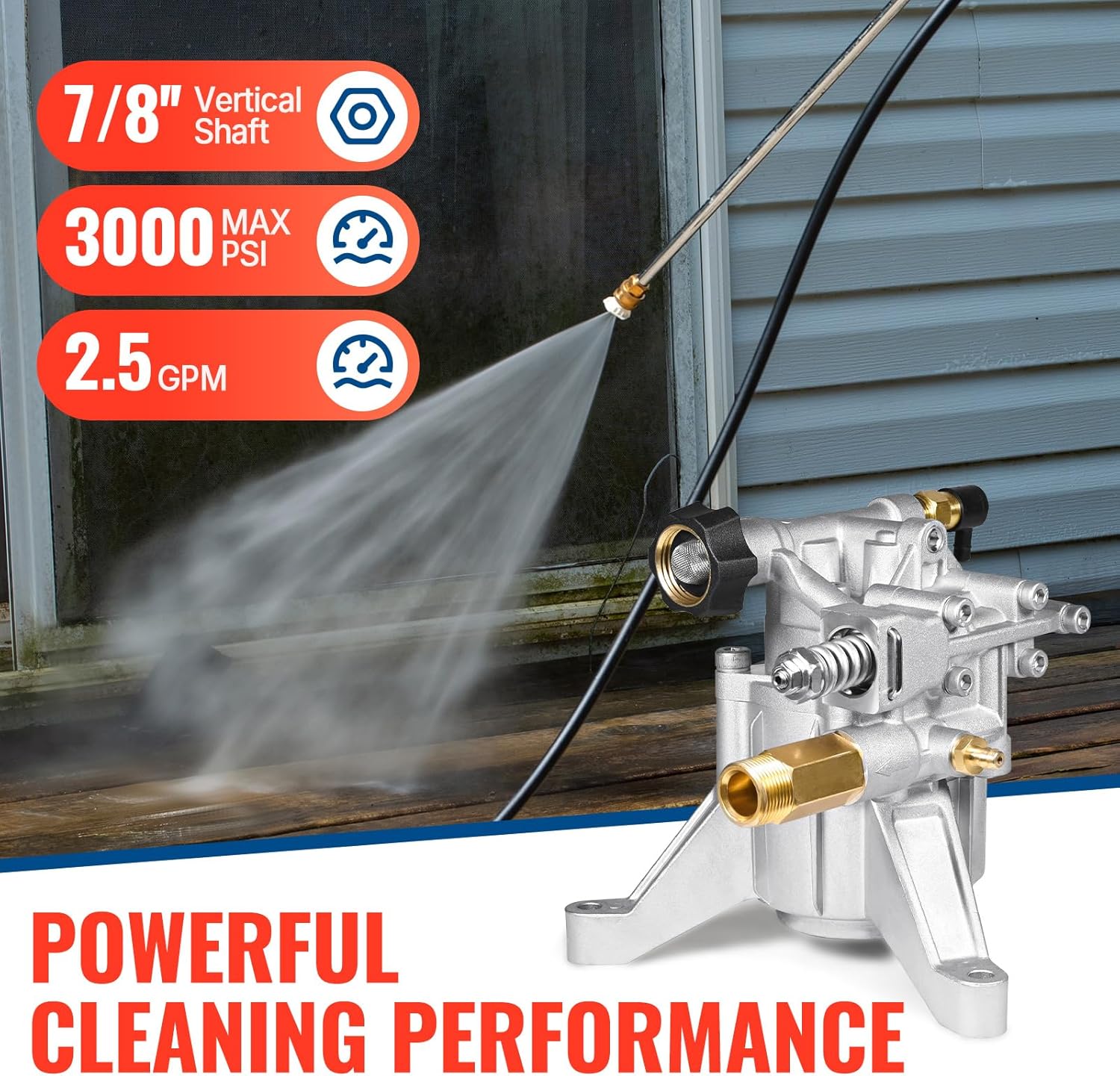 YAMATIC 7/8" Shaft Vertical Pressure Washer Pump 3000 PSI @ 2.5 GPM Replacement Pump for Power Washer, Compatible with GCV160, GCV190, Homelite, Troybilt, Ryobi, Rear Facing Inlet/Outlet - Image 3