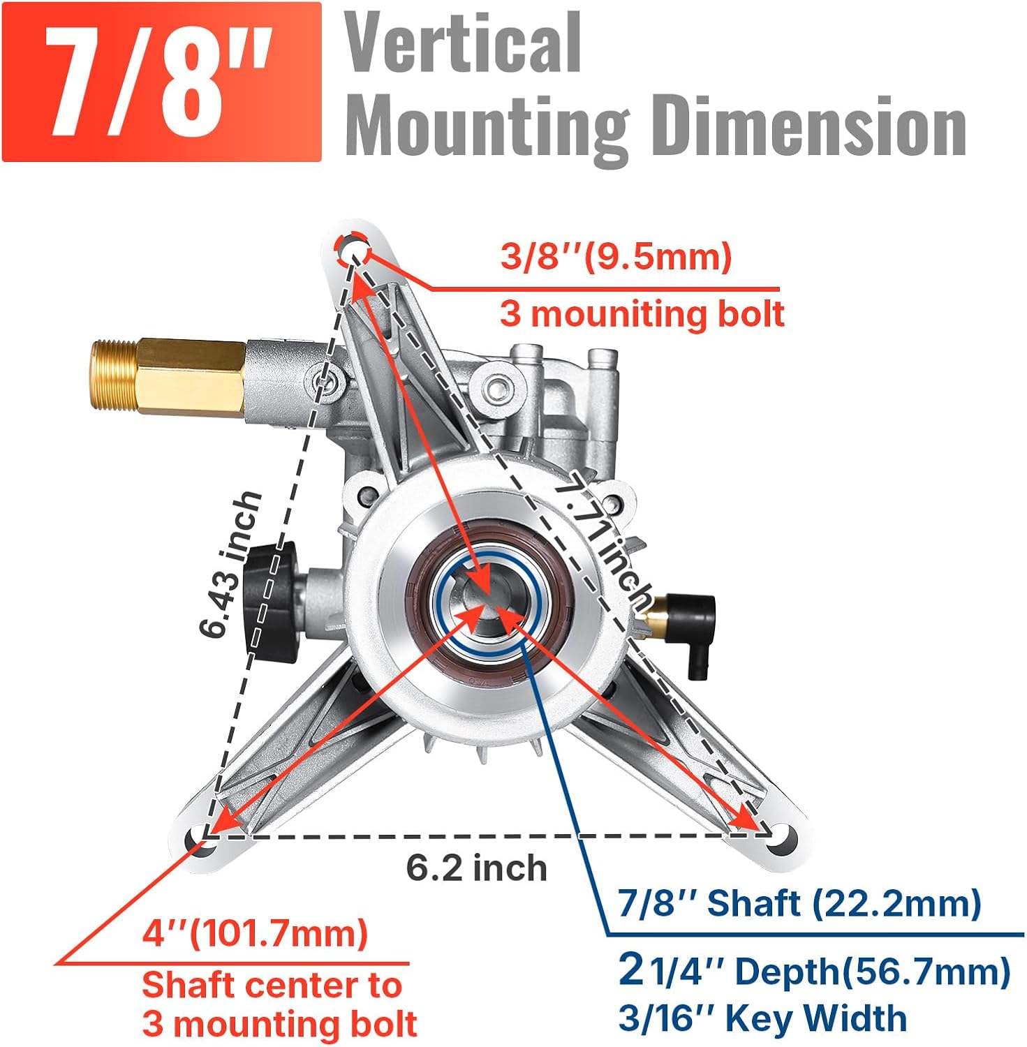 YAMATIC 7/8" Shaft Vertical Pressure Washer Pump 3000 PSI @ 2.5 GPM Replacement Pump for Power Washer, Compatible with GCV160, GCV190, Homelite, Troybilt, Ryobi, Rear Facing Inlet/Outlet - Image 5