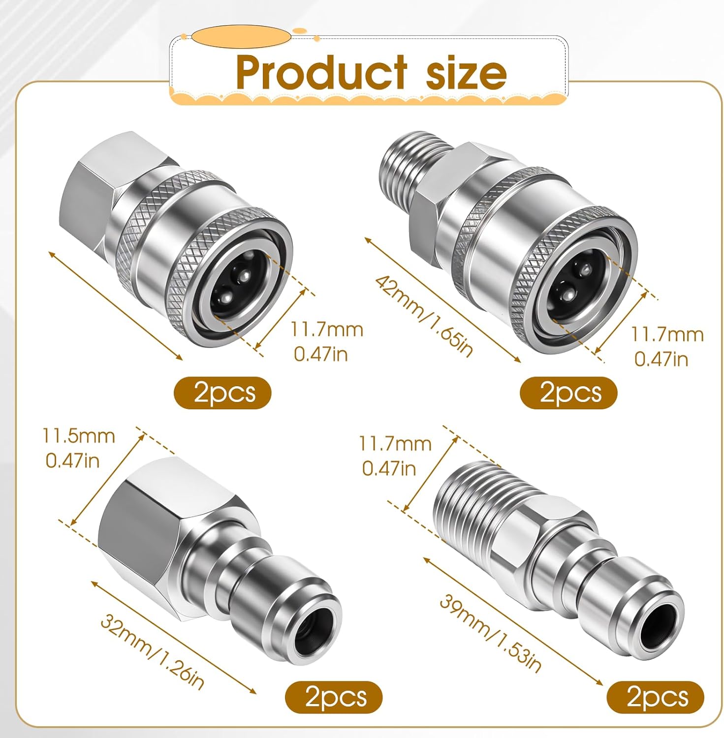 4 Sets NPT 1/4 Inch Pressure Washer Coupler, Stainless Steel Connect Plug, Male Female Pressure Washer Quick Connect Kit(Internal Thread, External Thread) - Image 7