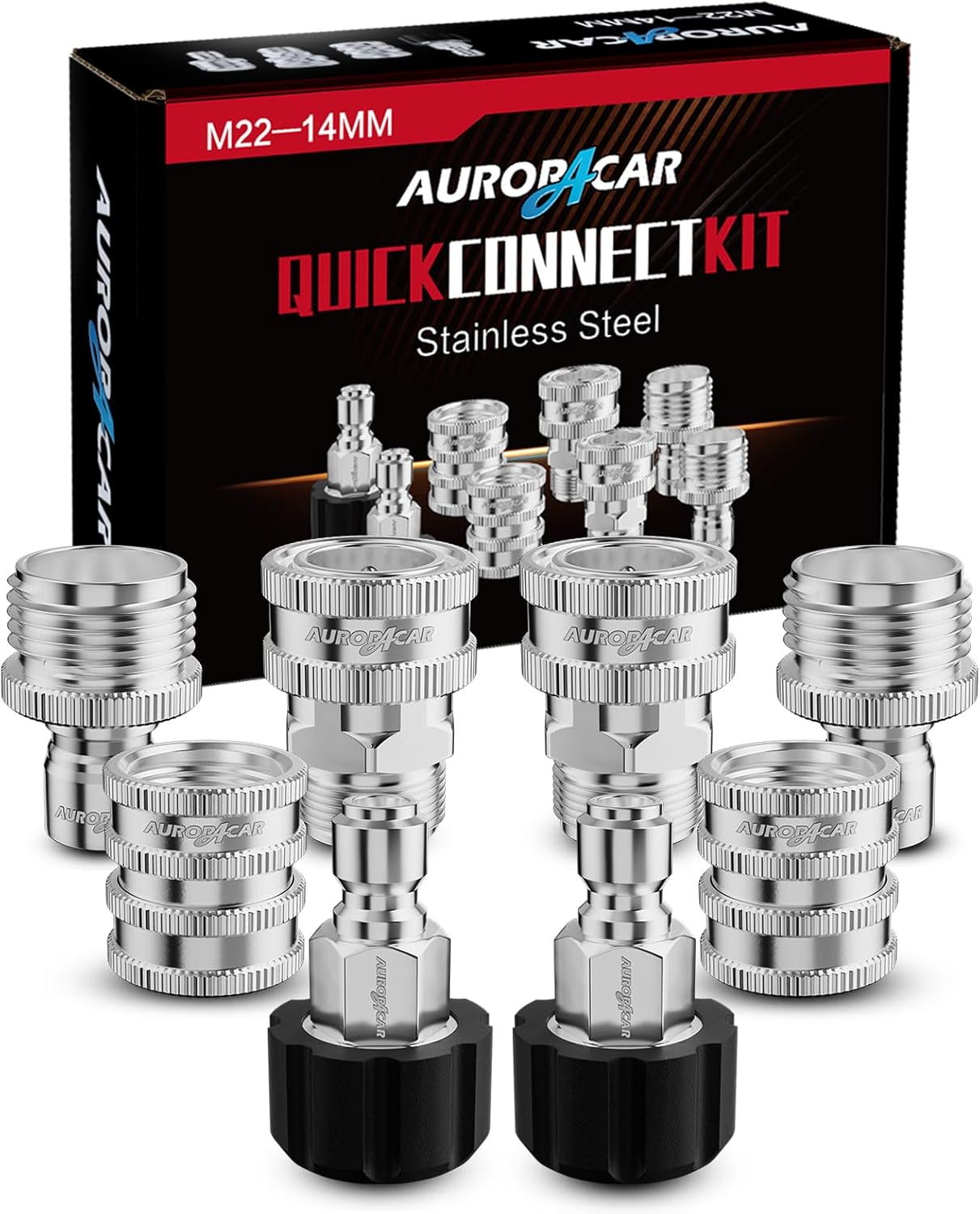 AURORA CAR Pressure Washer Quick Connect Kit, Stainless Steel Pressure Washer Adapter Set, M22-14mm Swivel to 3-8 Quick Connect Fittings, 3-4 Inch Hose Fittings, 8 Pack - 1