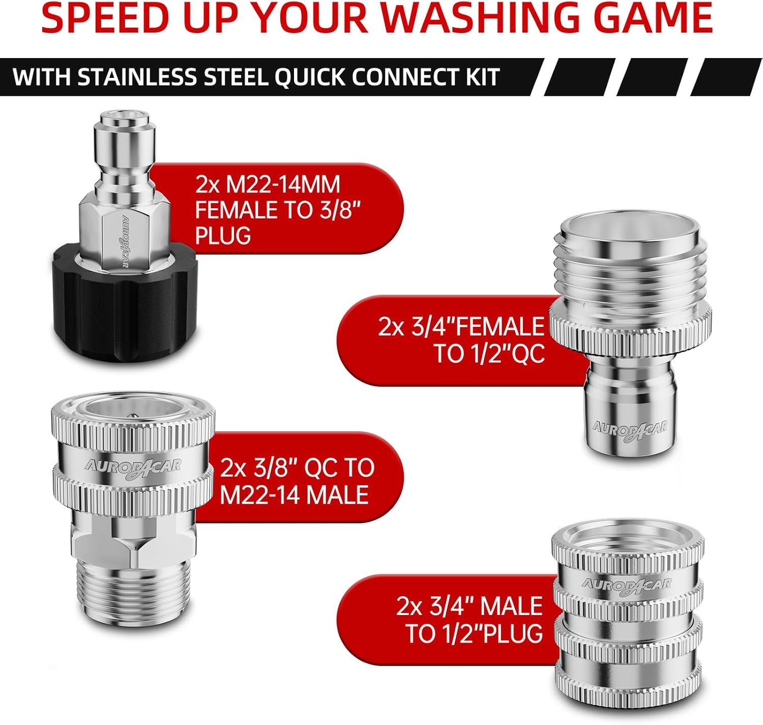 AURORA CAR Pressure Washer Quick Connect Kit, Stainless Steel Pressure Washer Adapter Set, M22-14mm Swivel to 3/8" Quick Connect Fittings, 3/4 Inch Hose Fittings, 8 Pack - Image 6