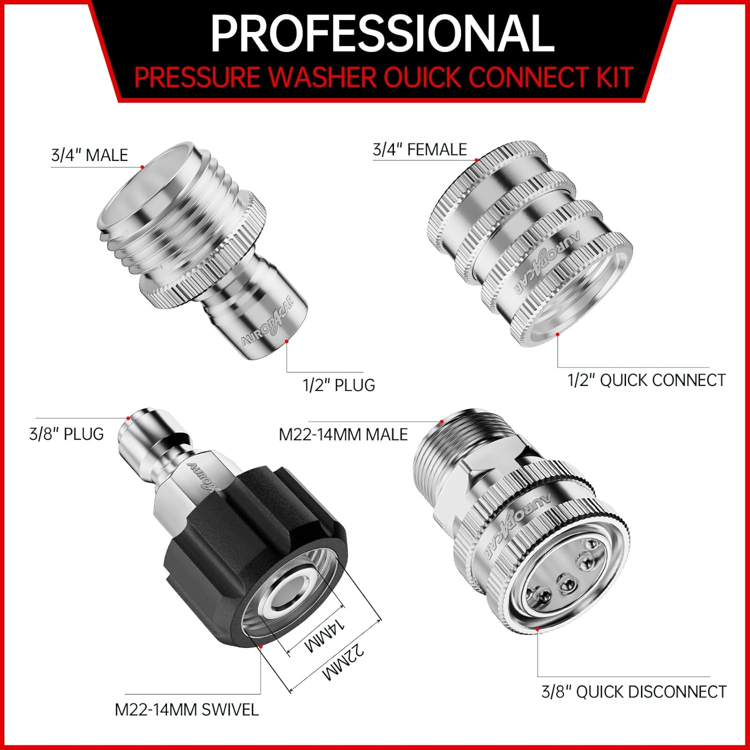 AURORA CAR Pressure Washer Quick Connect Kit, Stainless Steel Pressure Washer Adapter Set, M22-14mm Swivel to 3/8" Quick Connect Fittings, 3/4 Inch Hose Fittings, 8 Pack - Image 2